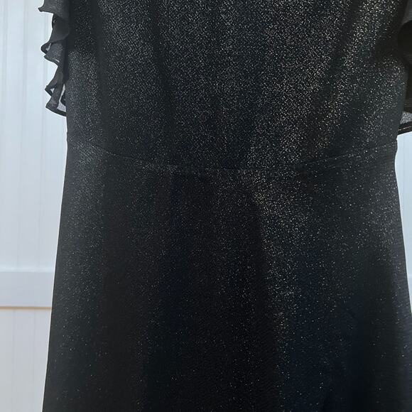 H Halston Black Gold Shimmer Ruffle Flutter Sleeve Dress Cocktail Party LBD 0 - Picture 6 of 14